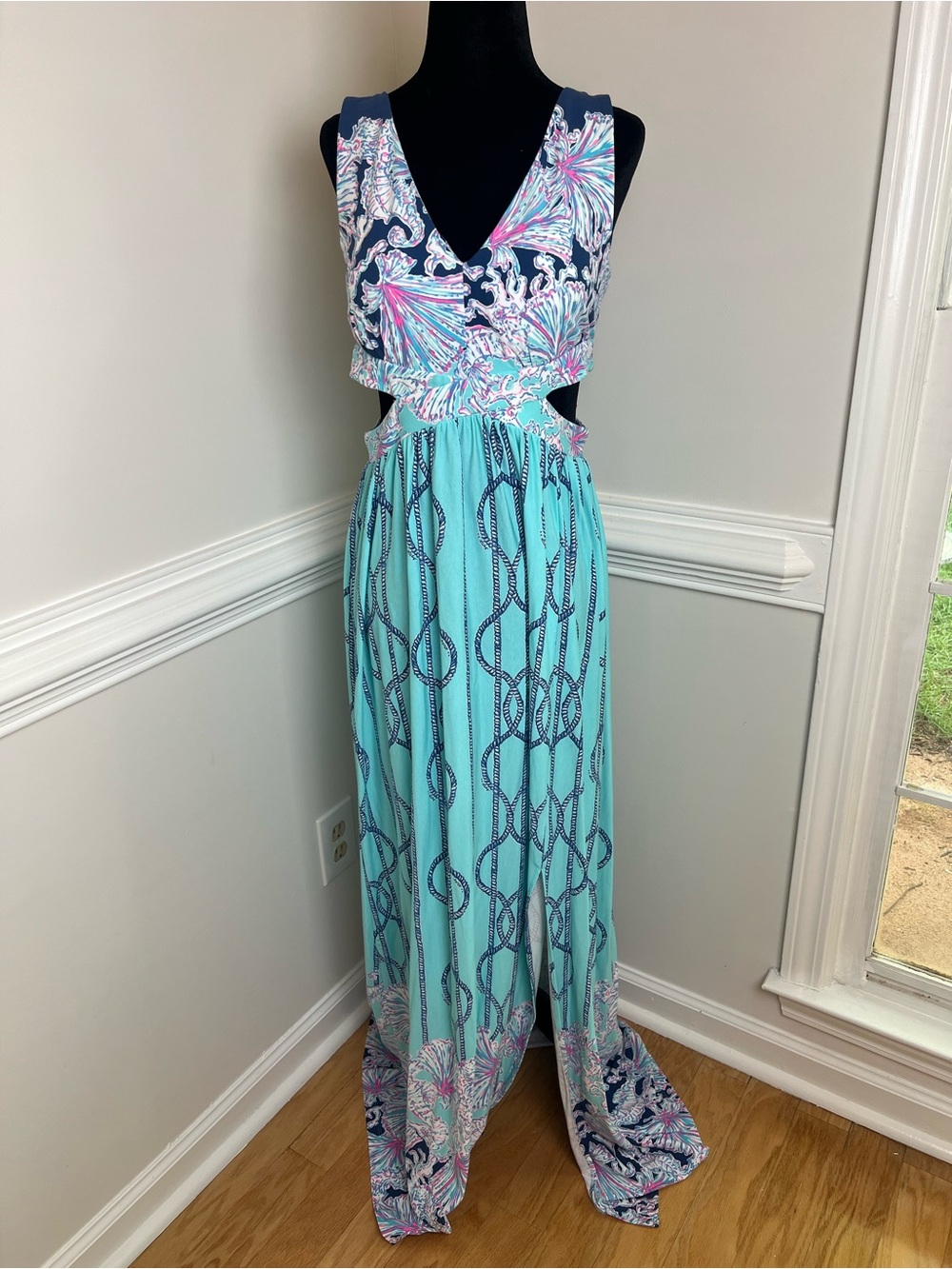 NWT Lilly Pulitzer Marcia Maxi Dress A Frayed Knot Light Aqua Cutout Size 8 - Picture 3 of 12